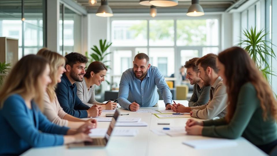 Diverse team of Vista Living employees collaborating enthusiastically in a modern, sunlit office environment.