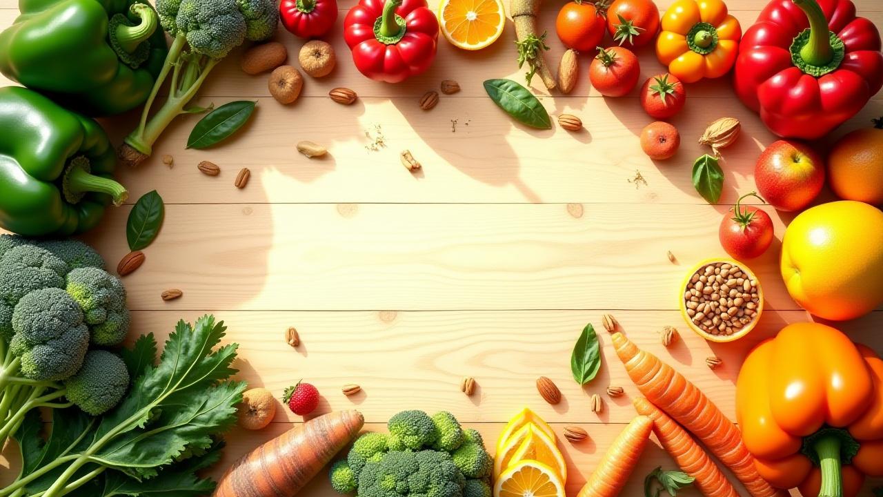 Vibrant, colorful flat-lay of diverse, healthy whole foods including fresh vegetables, fruits, nuts, and spices.