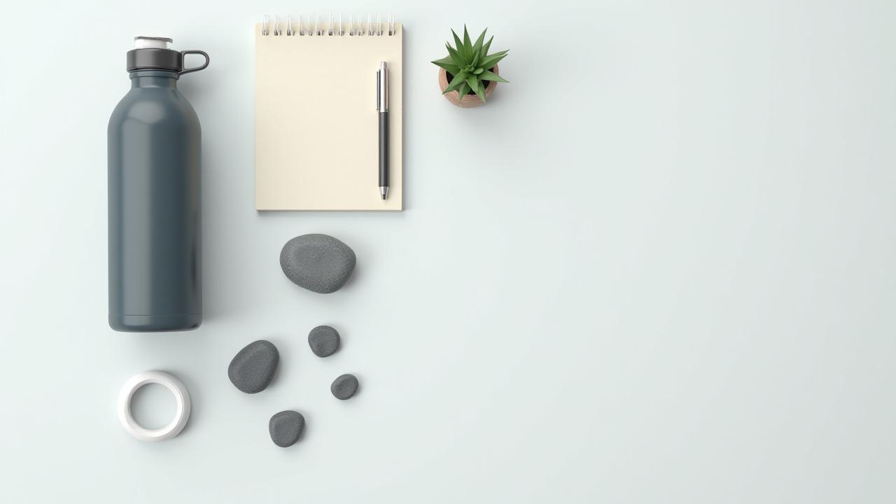 Aesthetic flat lay of wellness products including a smart water bottle, meditation beads, and a sleek journal.