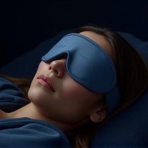 Person wearing a Manta Sleep Mask, highlighting its blackout design